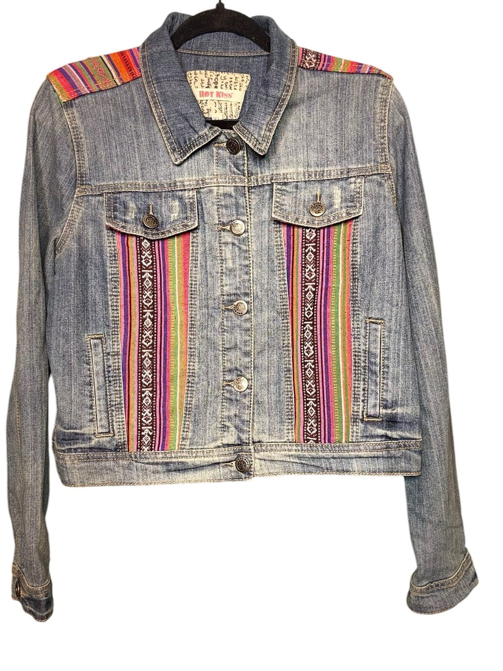 Hot Kiss Light Wash Denim Jacket with Multicolor Tribal Stripe Accents Sz XL